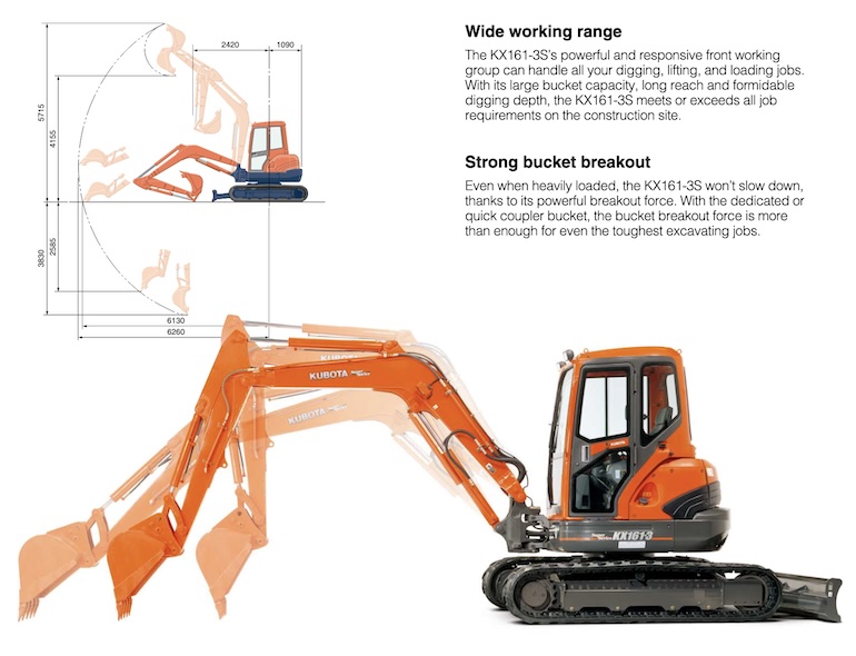Kubota KX161-3S Compact Excavator Working Range